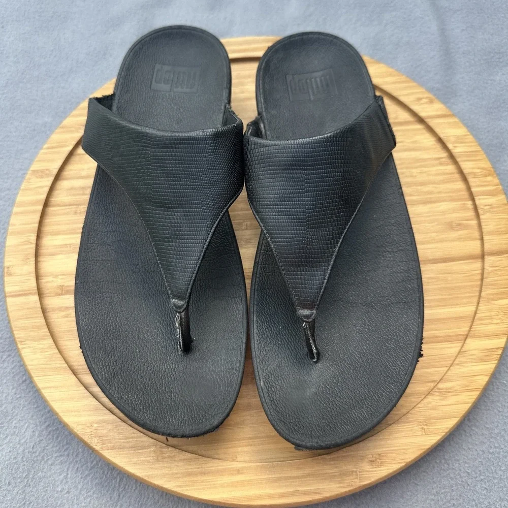 FitFlop Lulu Flip Flops Comfort Sandal Shoes Womens 10 Black Leather Wedge